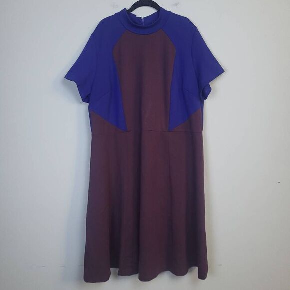 Eloquii Womens Plus Size 24 Midi Shift Dress Maroon Blue Colorblock Short Sleeve - Picture 1 of 6